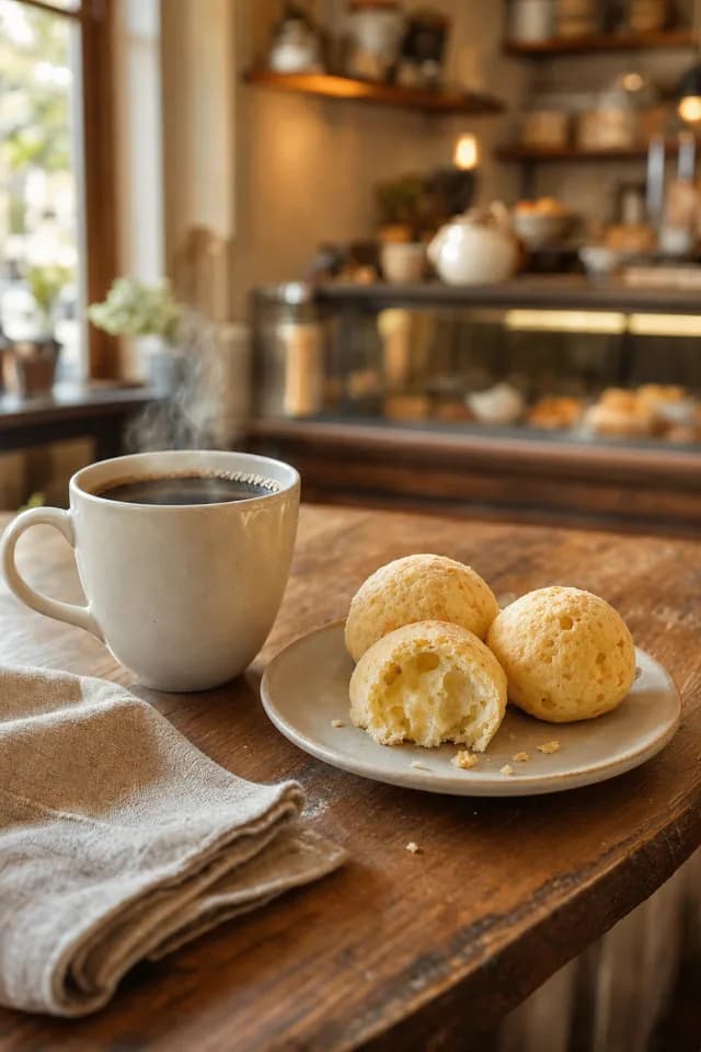 Coffee and cheese bread on a café counter, generated with AI